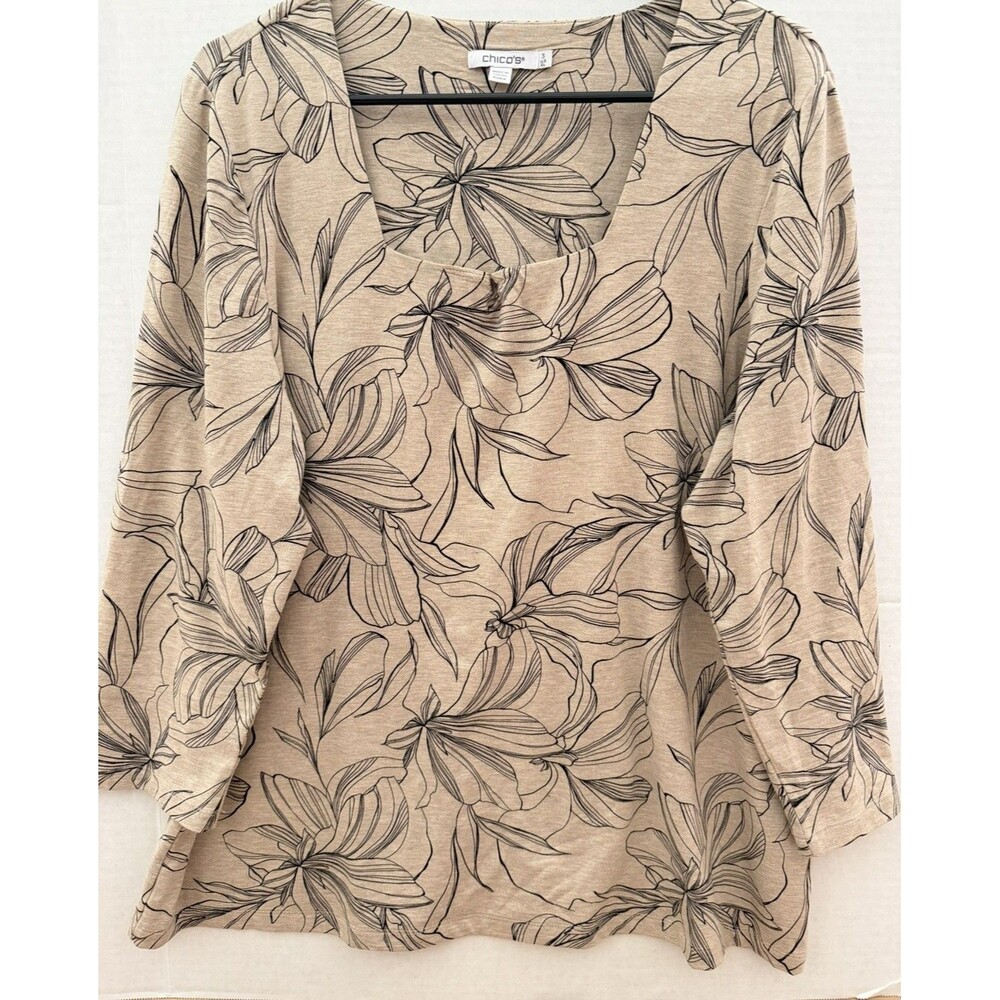 Chico's Touch of Cool Stretch Jersey Knit 3/4 Sleeve Floral Top Size 3 XL